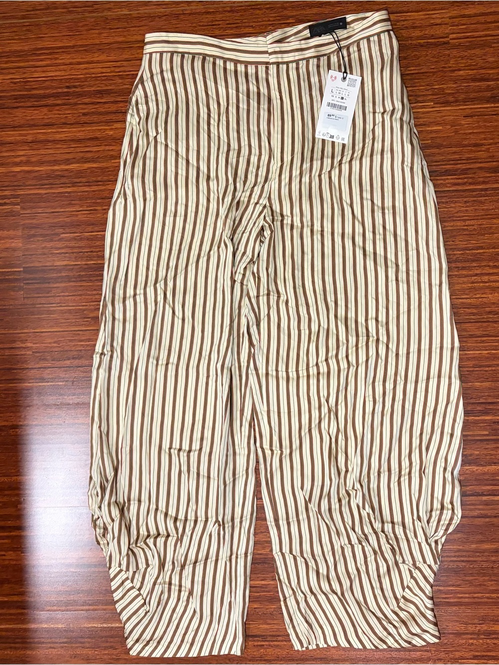 Zara ZW Collection Ecru Maroon Striped Balloon Pants L NWT